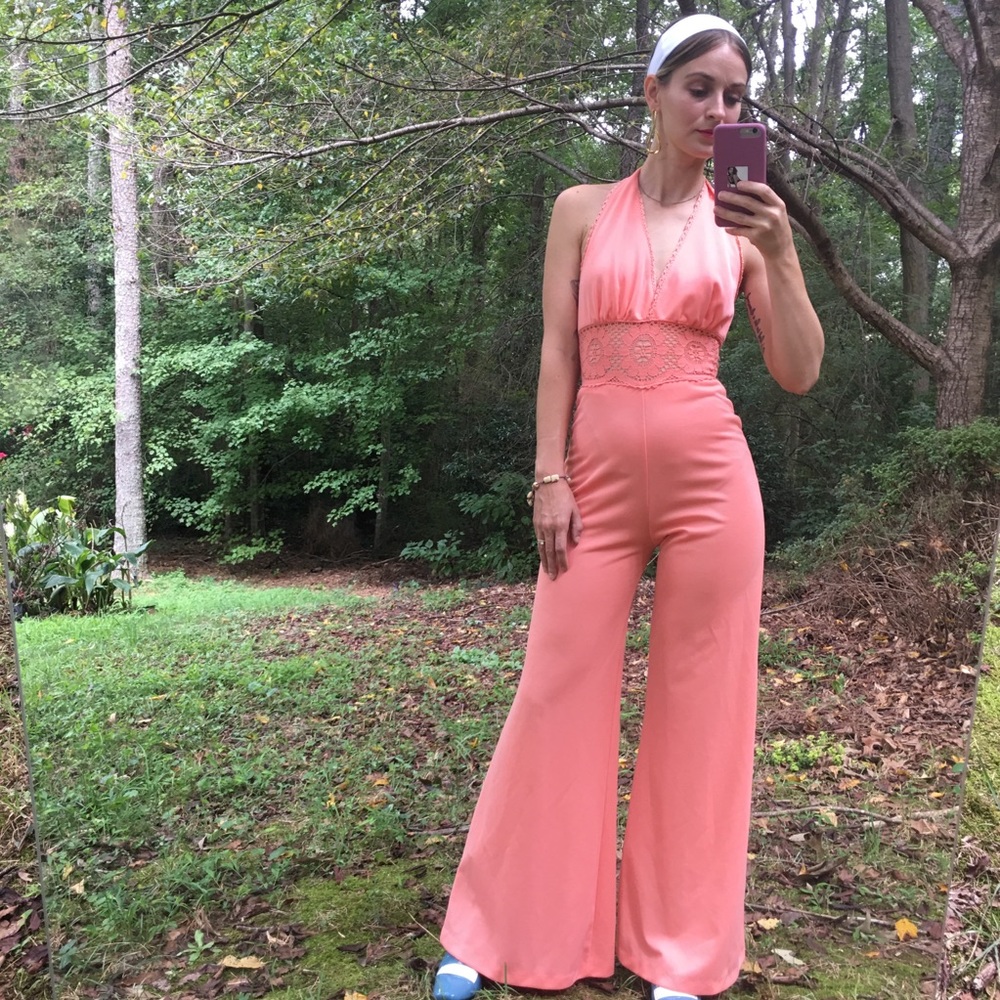 Rare Vintage 1970s Peach Polyester Jumpsuit